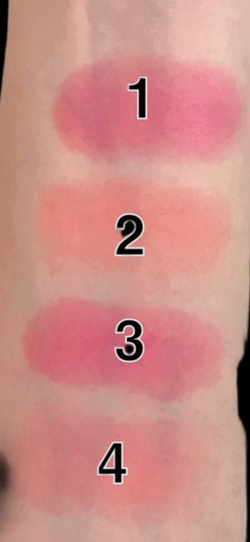 Lipstick swatches on a person's arm with numbers indicating the order of application.
